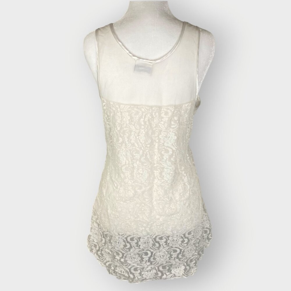 Vtg Teddy Slip Dress | White | Sheer Mesh Lace Sequin | Angelcore Coquette - Picture 2 of 8